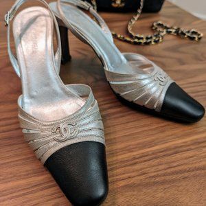 Vintage Chanel Silver Cap Toe Slingback Strappy Sandals, Sz 37